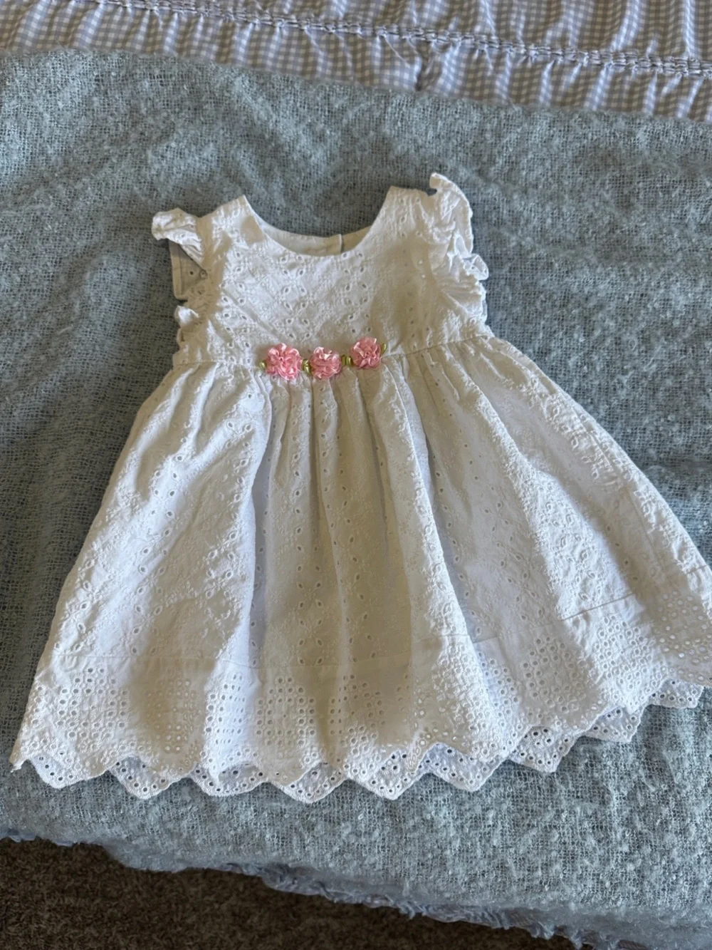 Girls White Eyelet Dress with Pink Floral Waist Detail